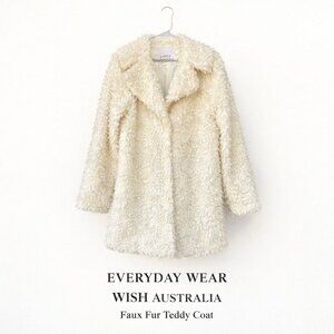 WISH Australia Moda Lined Faux Fur Teddy Coat | L | White Plush Sherpa Jacket
